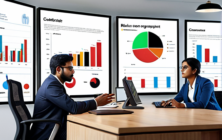 **

A diverse group of professionals in a modern office setting, collaborating on risk management strategies. The scene includes charts, graphs, and financial models displayed on large screens. Emphasize teamwork, problem-solving, and the dynamic environment of a risk consultancy firm. Include subtle Indian design elements in the office space to cater to the intended audience.

**