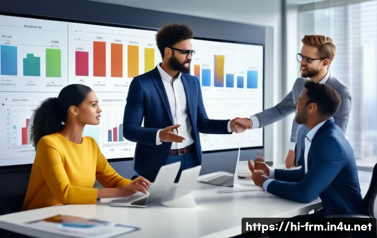재무위험관리사 실무에서 사용하는 소프트웨어 - A modern office environment showing a diverse team of professionals collaborating around a large dig...