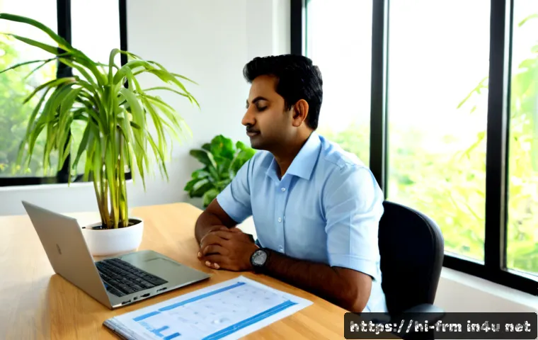 재무위험관리사의 업무 스트레스 관리 - Photorealistic Indian financial risk manager in a calm modern office, seated at a tidy desk with an ...
